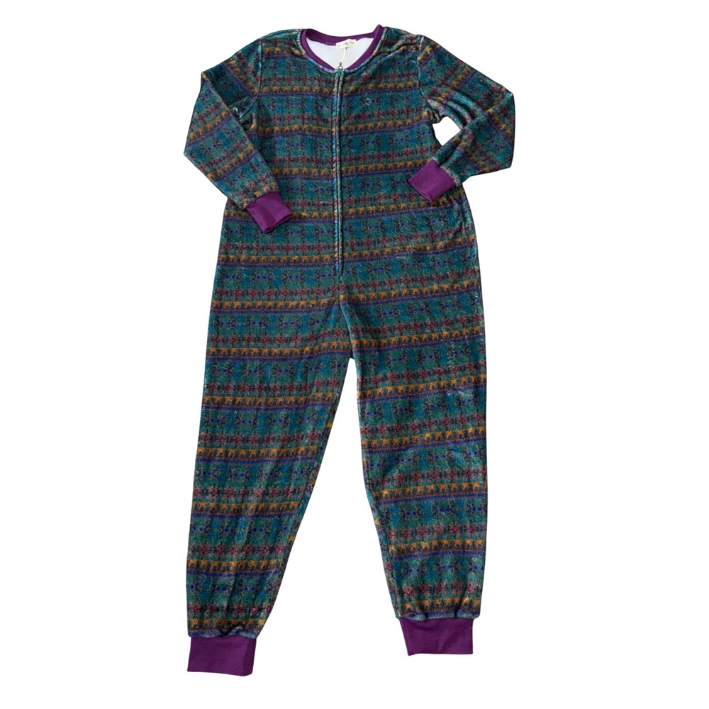 Natural Life Boho Fleece One Piece Pajama Jumpsuit Teal Print XS S - Picture 2 of 5